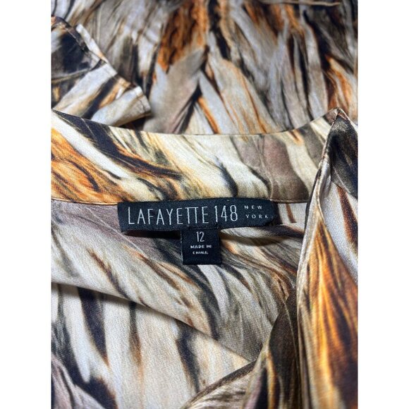 Lafayette 148 Autumn Brown Orange Feather Print V-Neck Silk Blouse Size 12 - Picture 4 of 7